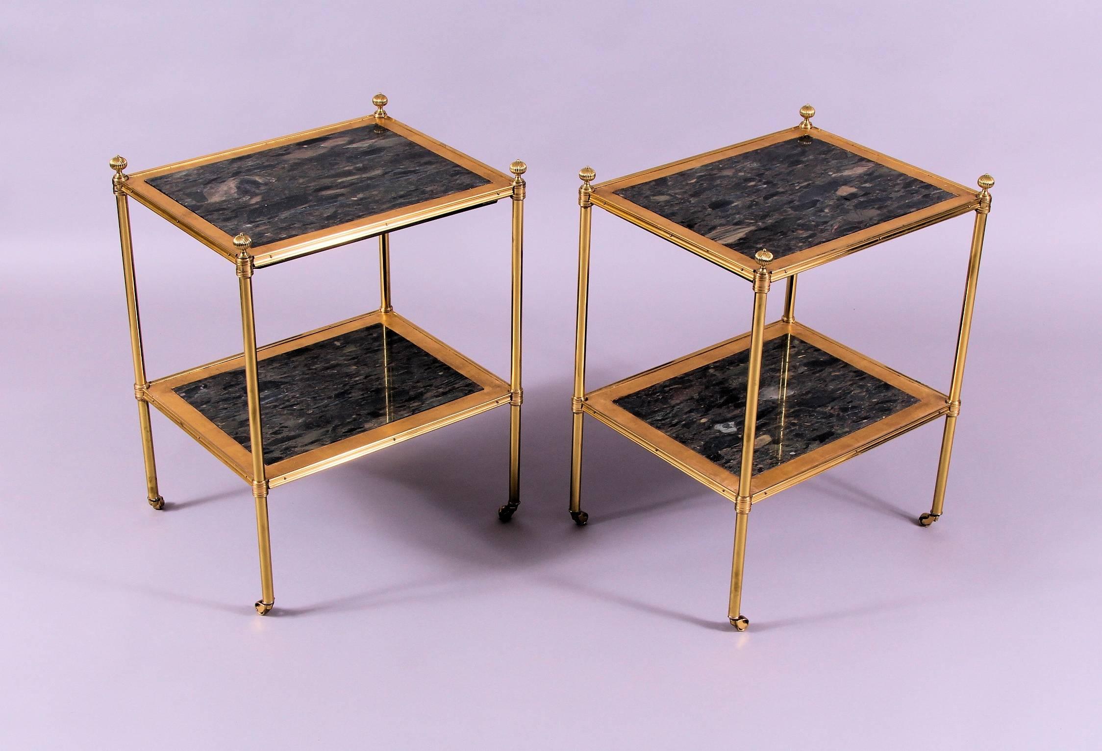 English Early 20th Century Gilt Brass Étagère Incorporating Rare Panels of Marble, Pair