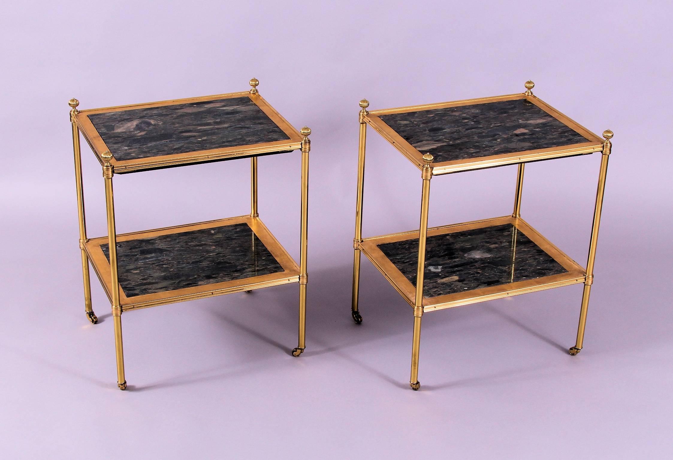 Early 20th Century Gilt Brass Étagère Incorporating Rare Panels of Marble, Pair 1