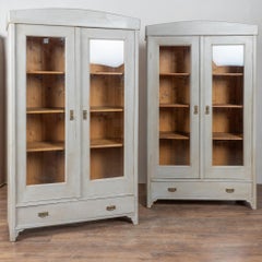 Pair, Early 20th Century Gray Painted Pine Bookcases Display Cabinets with Glass