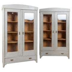 Pair, Early 20th Century Gray Painted Pine Bookcases Display Cabinets with Glass