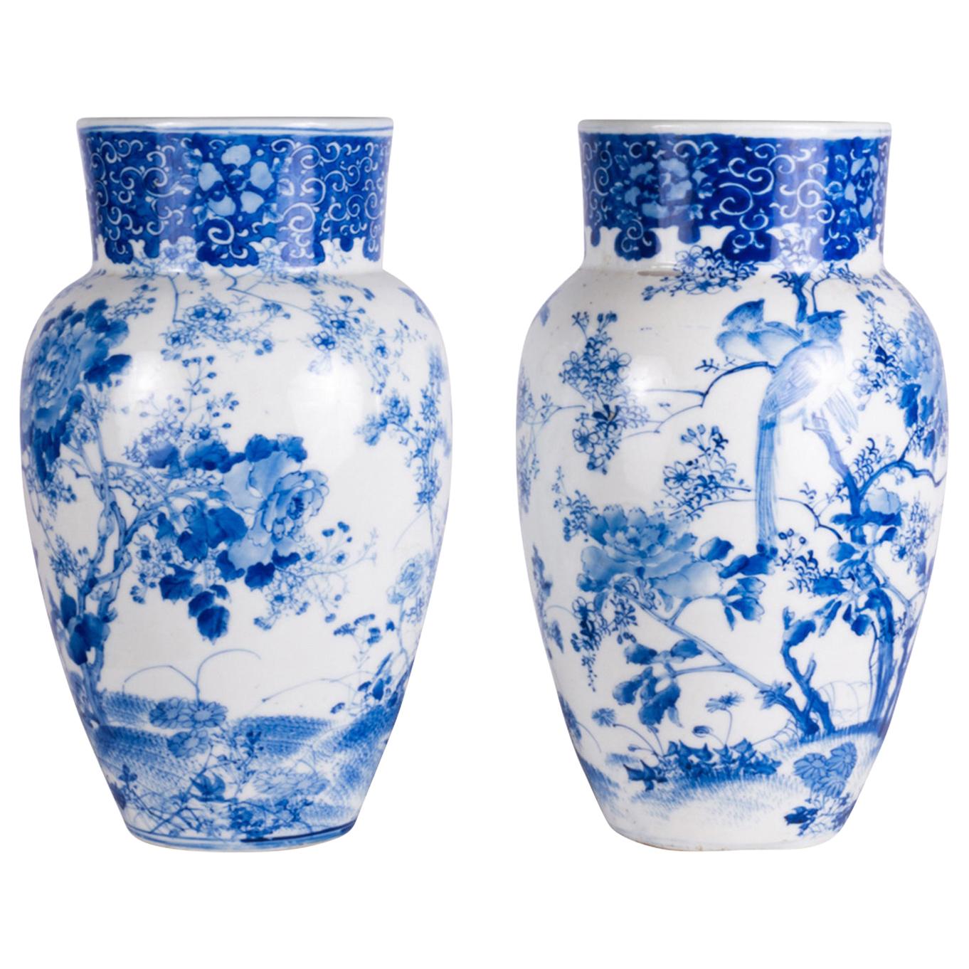 Pair of Early 20th Century Japanese Blue and White Vases