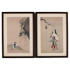 Vintage Pair Early 20th Century Japanese Framed Woodblock Prints C.1925
