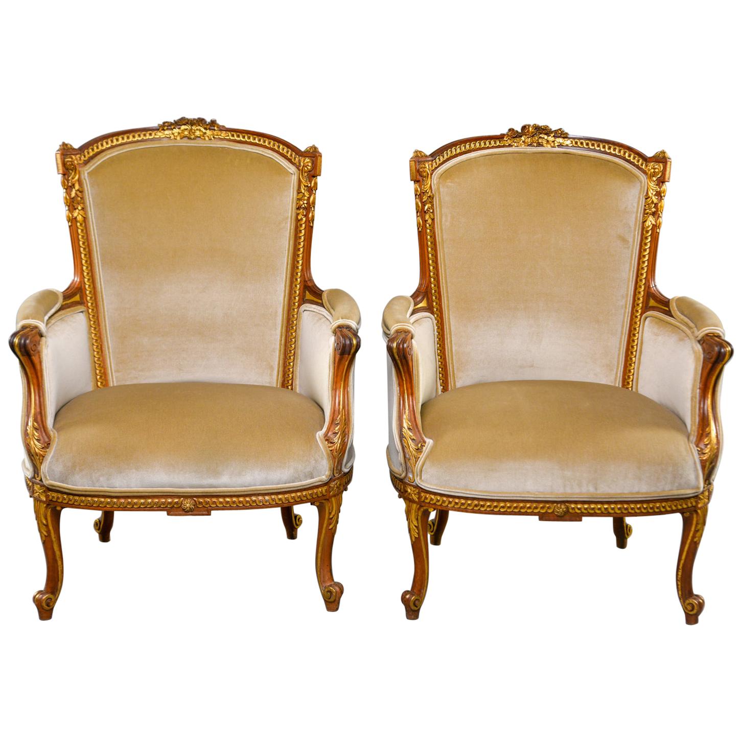 Pair of Early 20th Century Louis XV French Walnut and Gilt Chairs