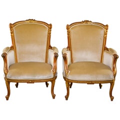 Antique Pair of Early 20th Century Louis XV French Walnut and Gilt Chairs