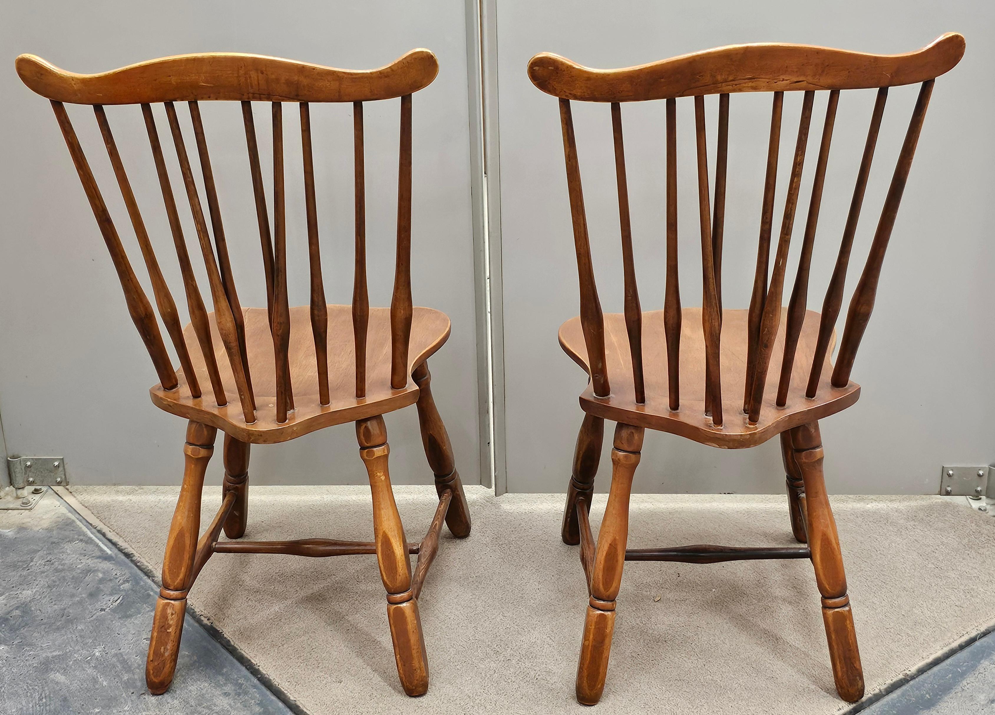 Stained Pair Early 20th Century Maple Fiddleback Windsor Side Chairs For Sale