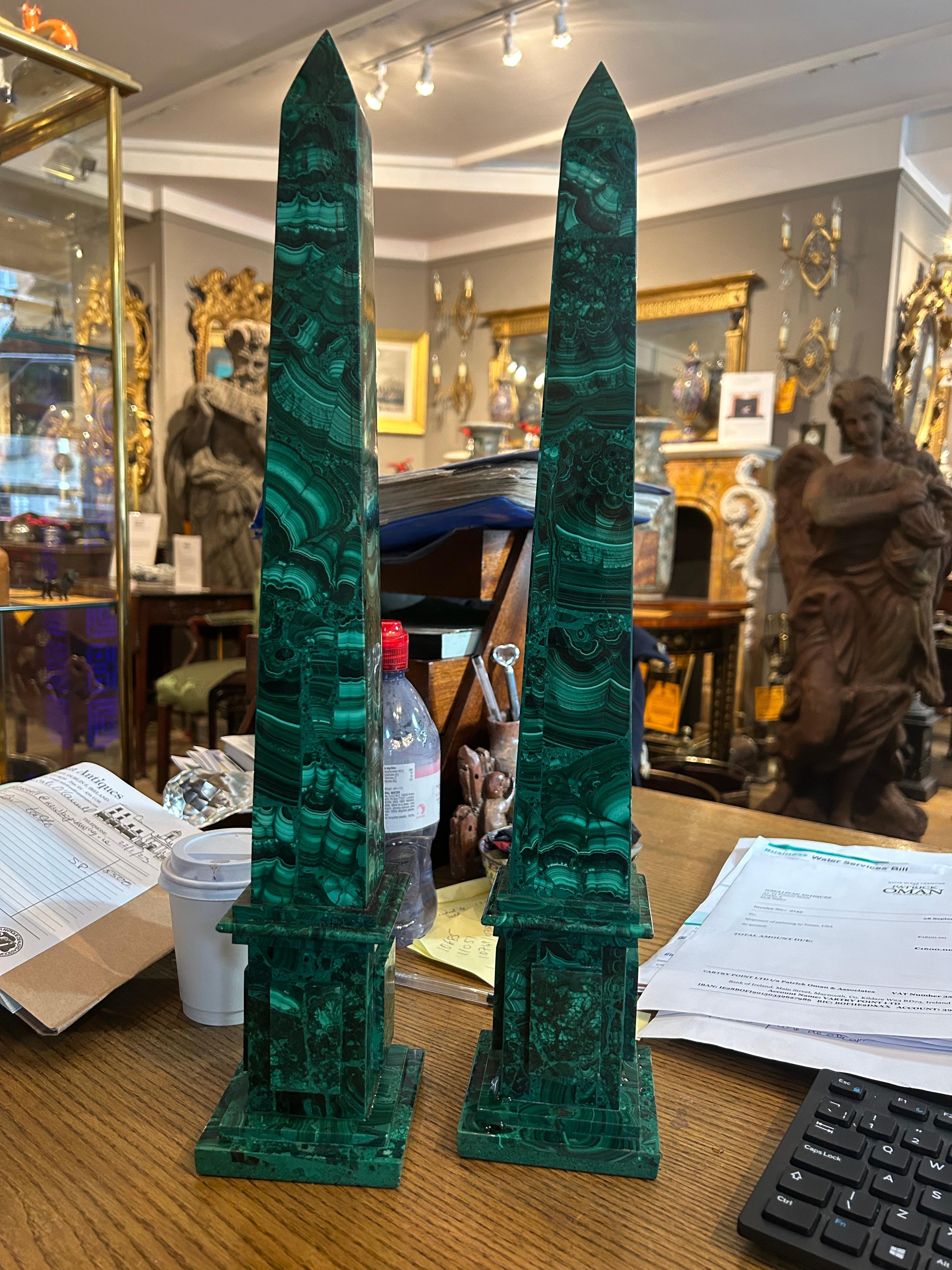European Pair Early 20th Century Neoclassical-Style Green Malachite Obelisks For Sale