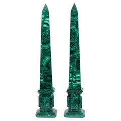 Antique Pair Early 20th Century Neoclassical-Style Green Malachite Obelisks