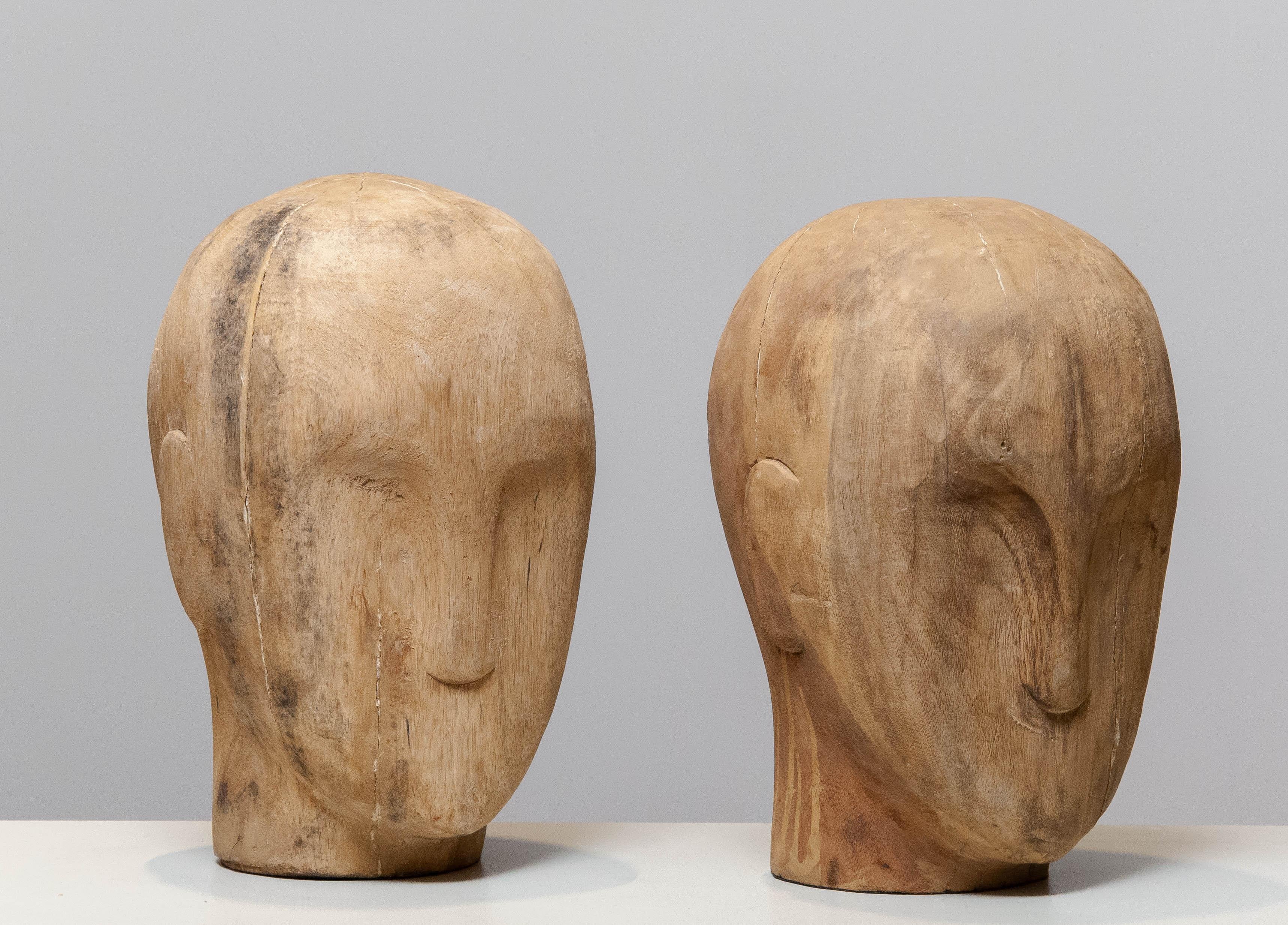Wood Pair Early 20th Century Scandinavian Faded Milliners Heads, 1900's For Sale