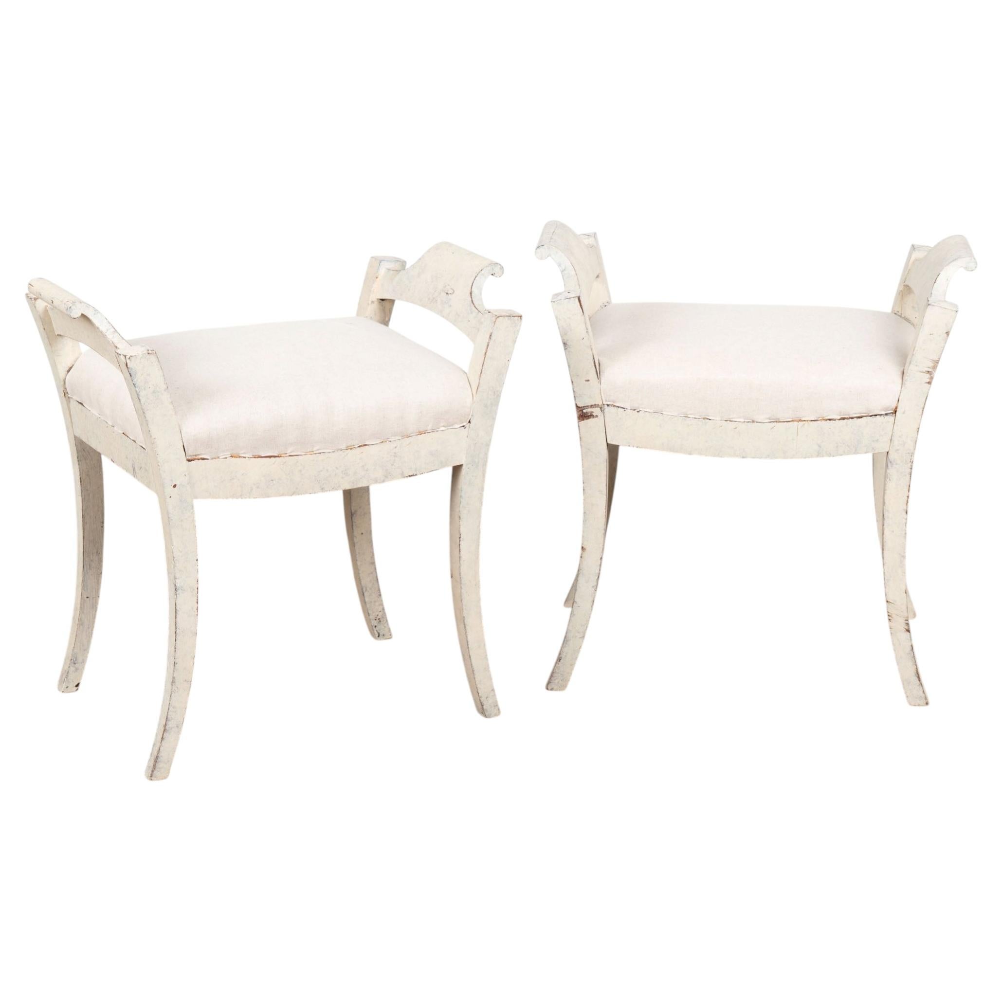 Pair, Early 20th Century Swedish White Gustavian Tabouret Stools For Sale