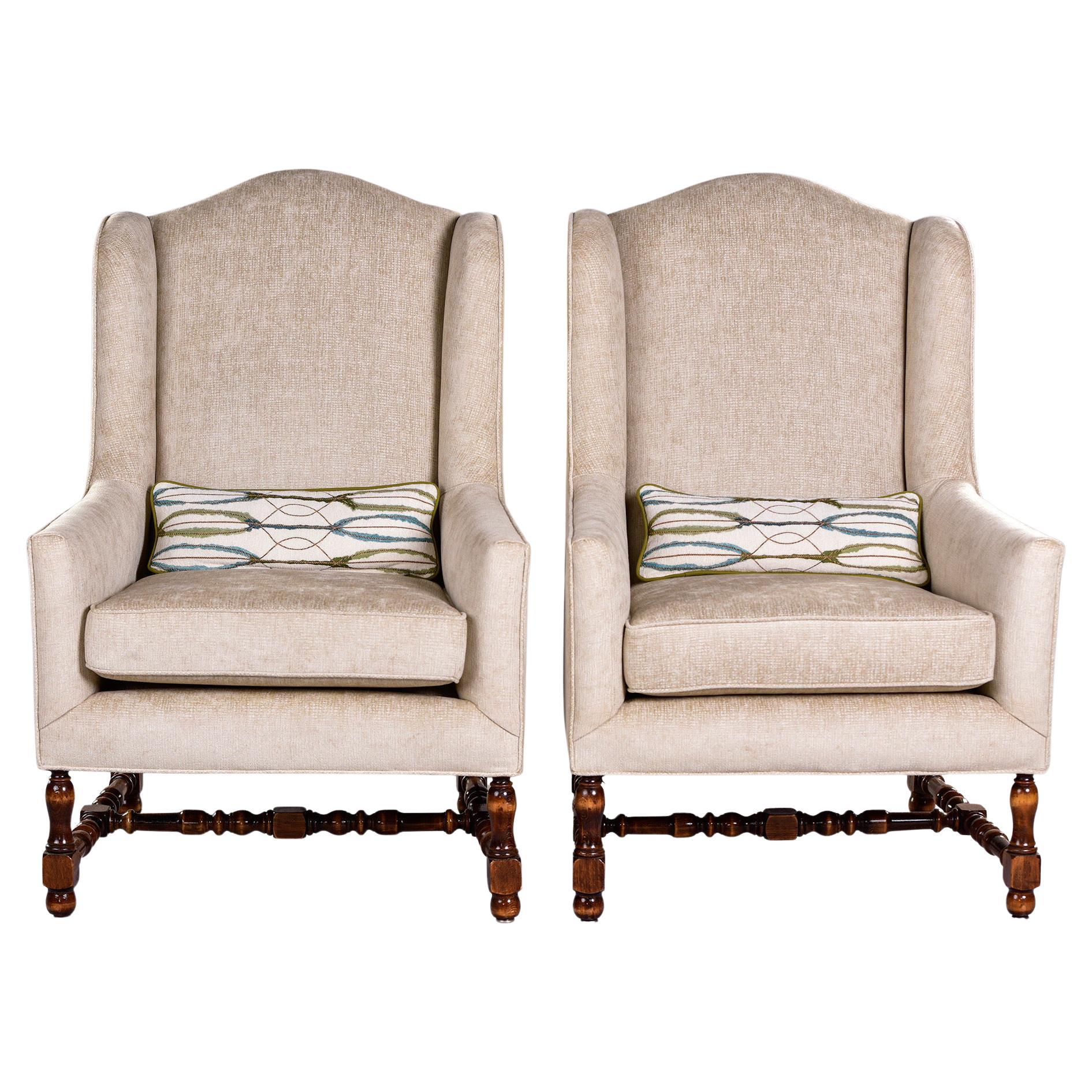 Pair Early 20th Century Tall French Armchairs with Turned Wood Frames and New Up For Sale