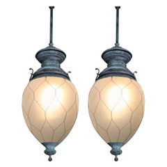 Pair, Early 20th Century Verdigris Bronze Gas Lanterns Lights Pendants