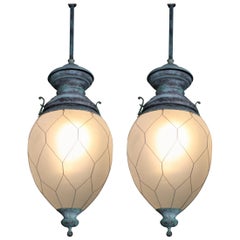 Trio of Early 20th Century Verdigris Bronze Gas Lanterns Lights Pendants
