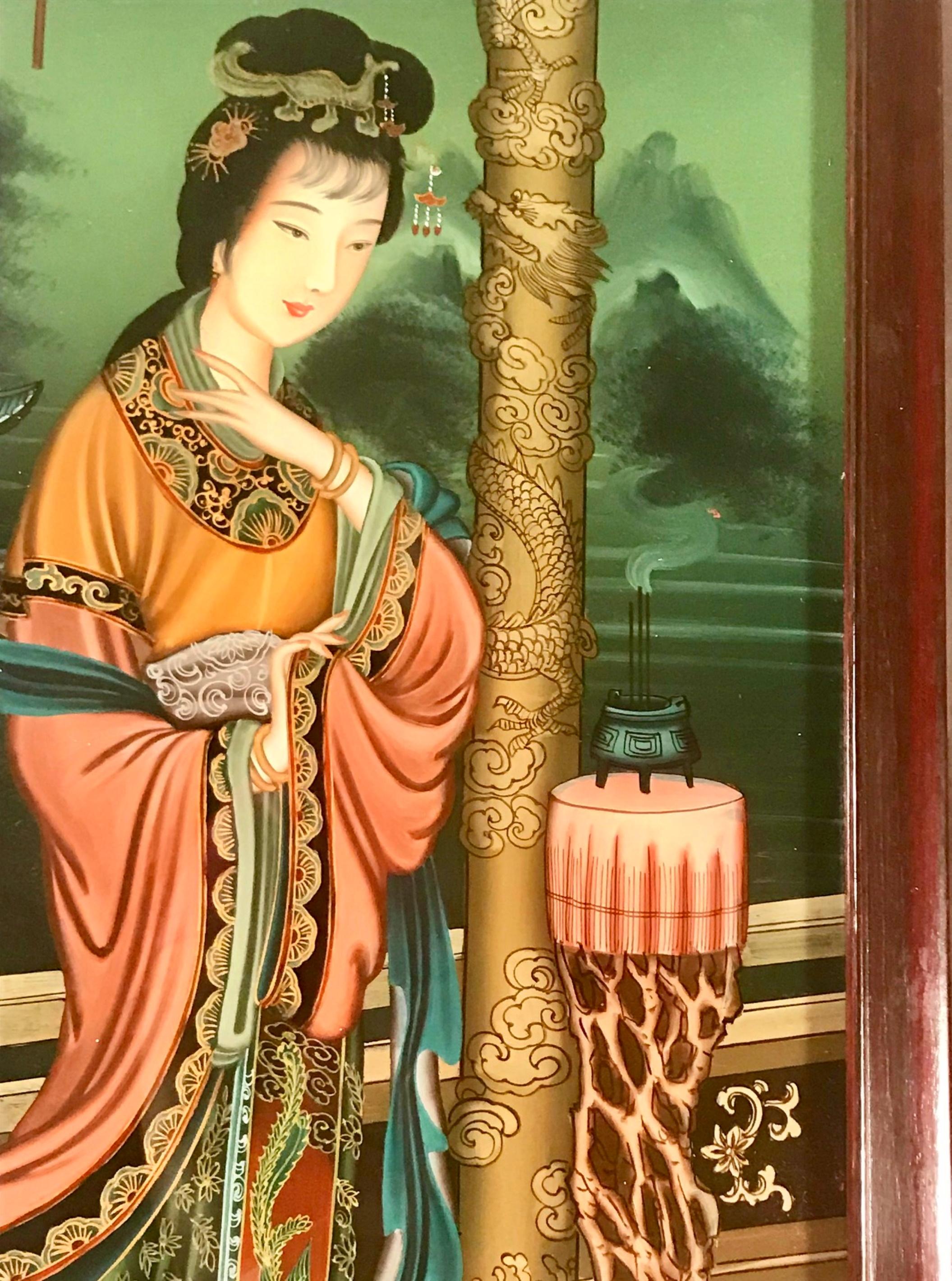 Pair of Early 20th Century Verre Eglomise Chinese Export Reverse Glass Paintings 6