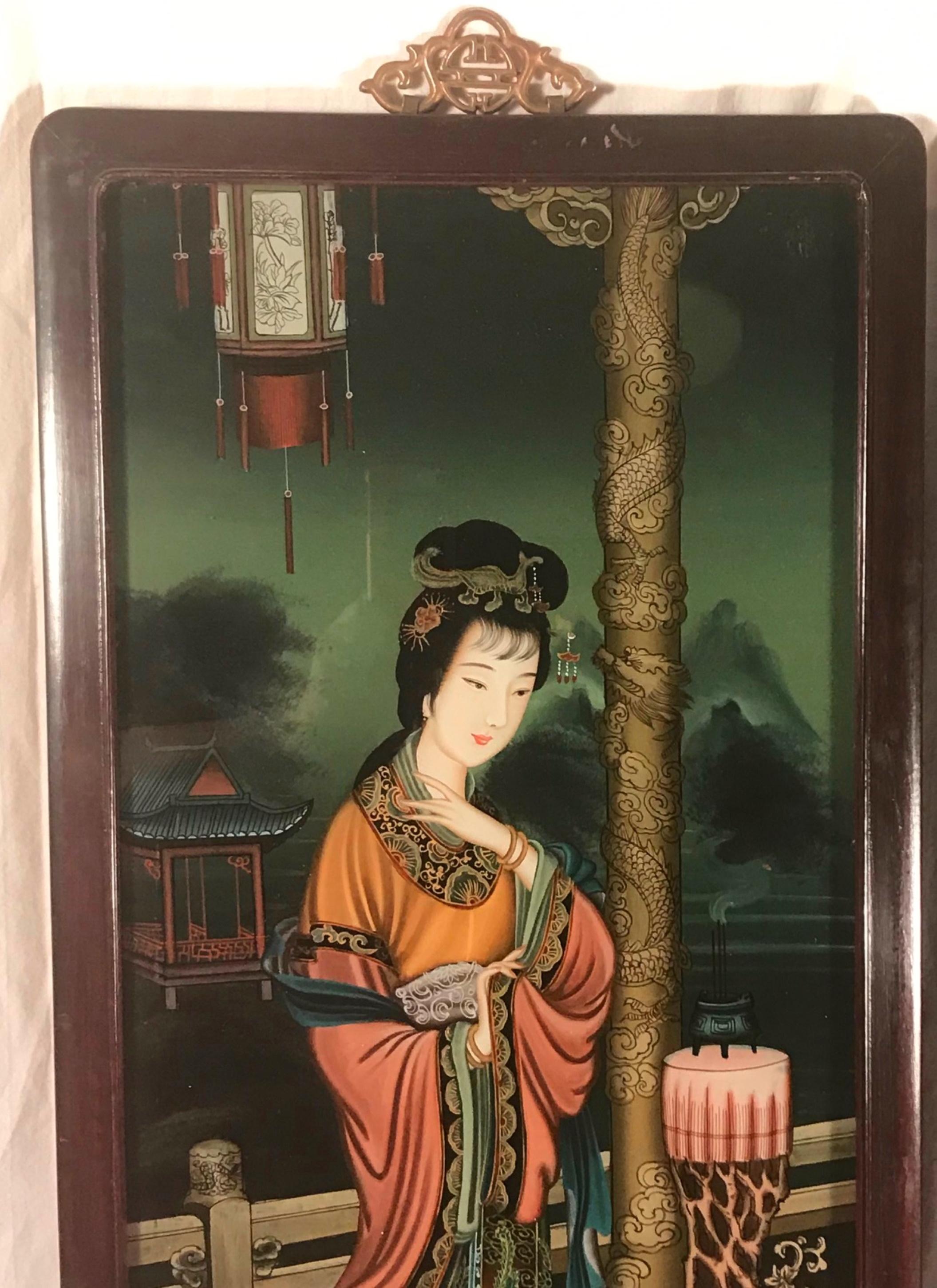 Pair of Early 20th Century Verre Eglomise Chinese Export Reverse Glass Paintings In Good Condition In Vero Beach, FL