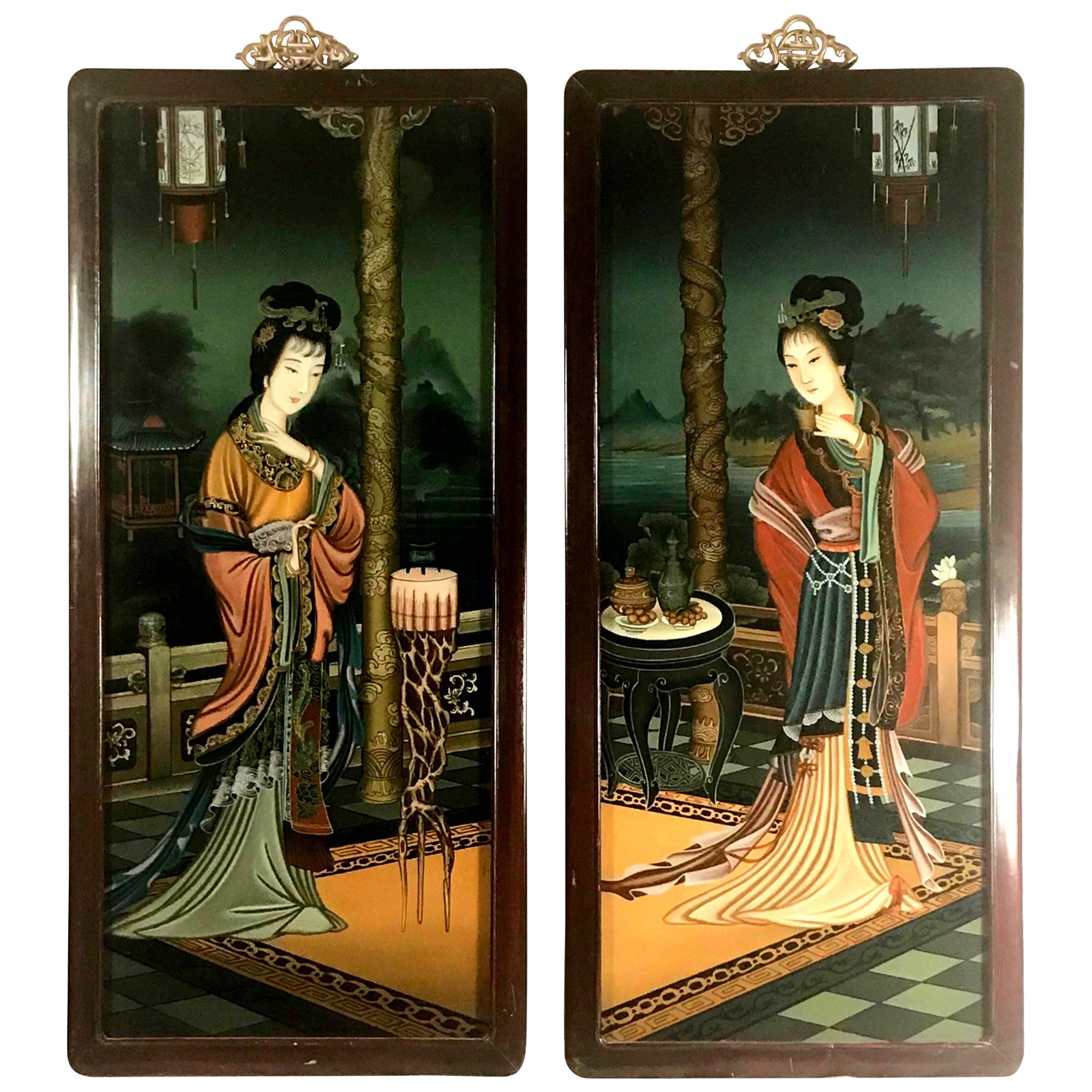 Pair of Early 20th Century Verre Eglomise Chinese Export Reverse Glass Paintings