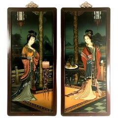 Pair of Early 20th Century Verre Eglomise Chinese Export Reverse Glass Paintings