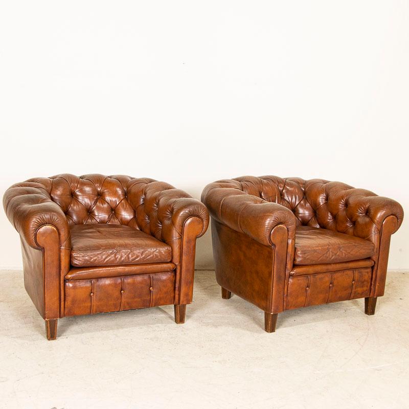 Danish Pair, Early 20th Century Vintage Leather Barrel Back Club Chairs from Denmark