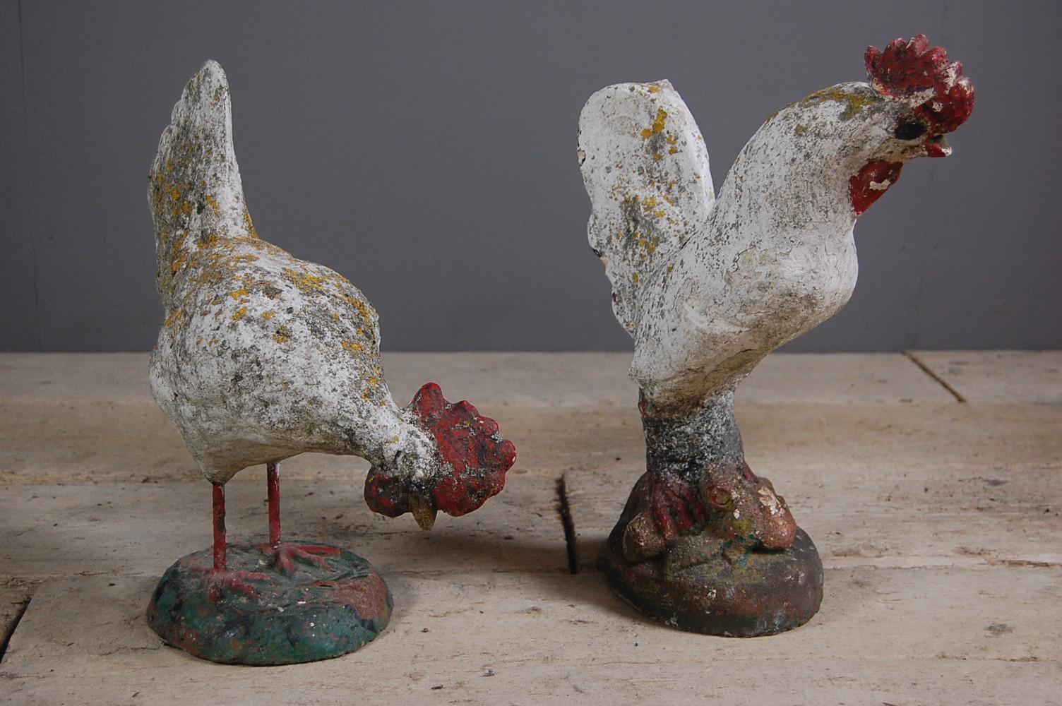 Pair of Early 20th Century Weathered Chicken Garden Statues In Fair Condition In Pease pottage, West Sussex