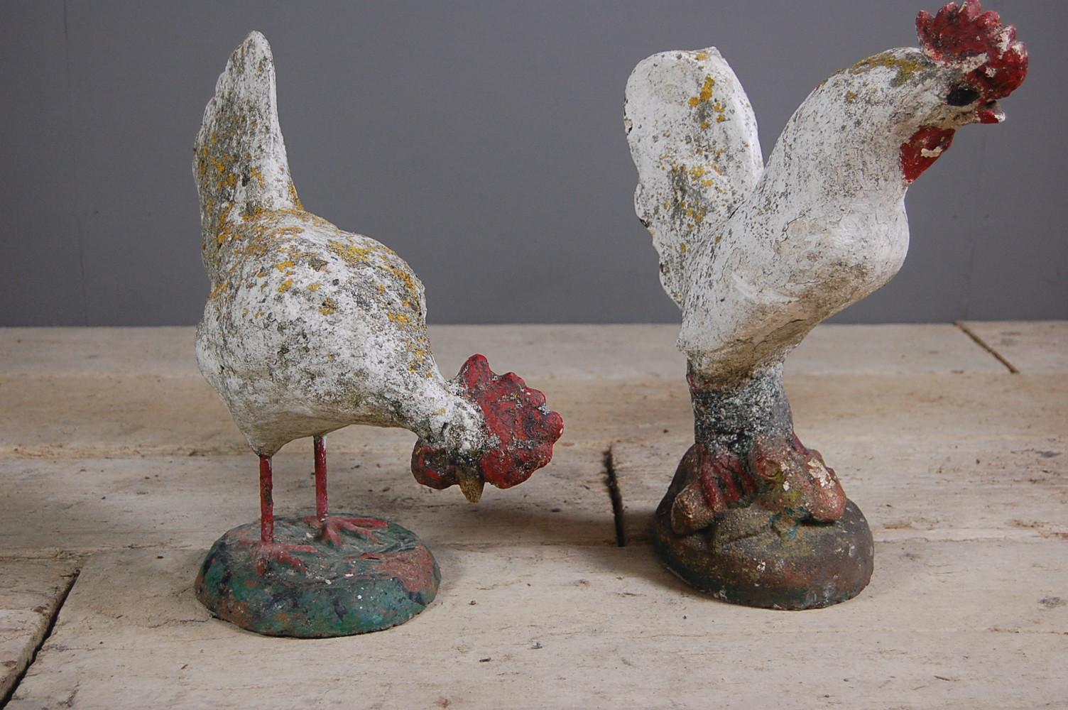 Pair of Early 20th Century Weathered Chicken Garden Statues 1