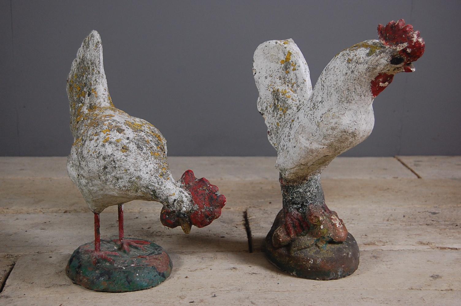 Pair of Early 20th Century Weathered Chicken Garden Statues 2