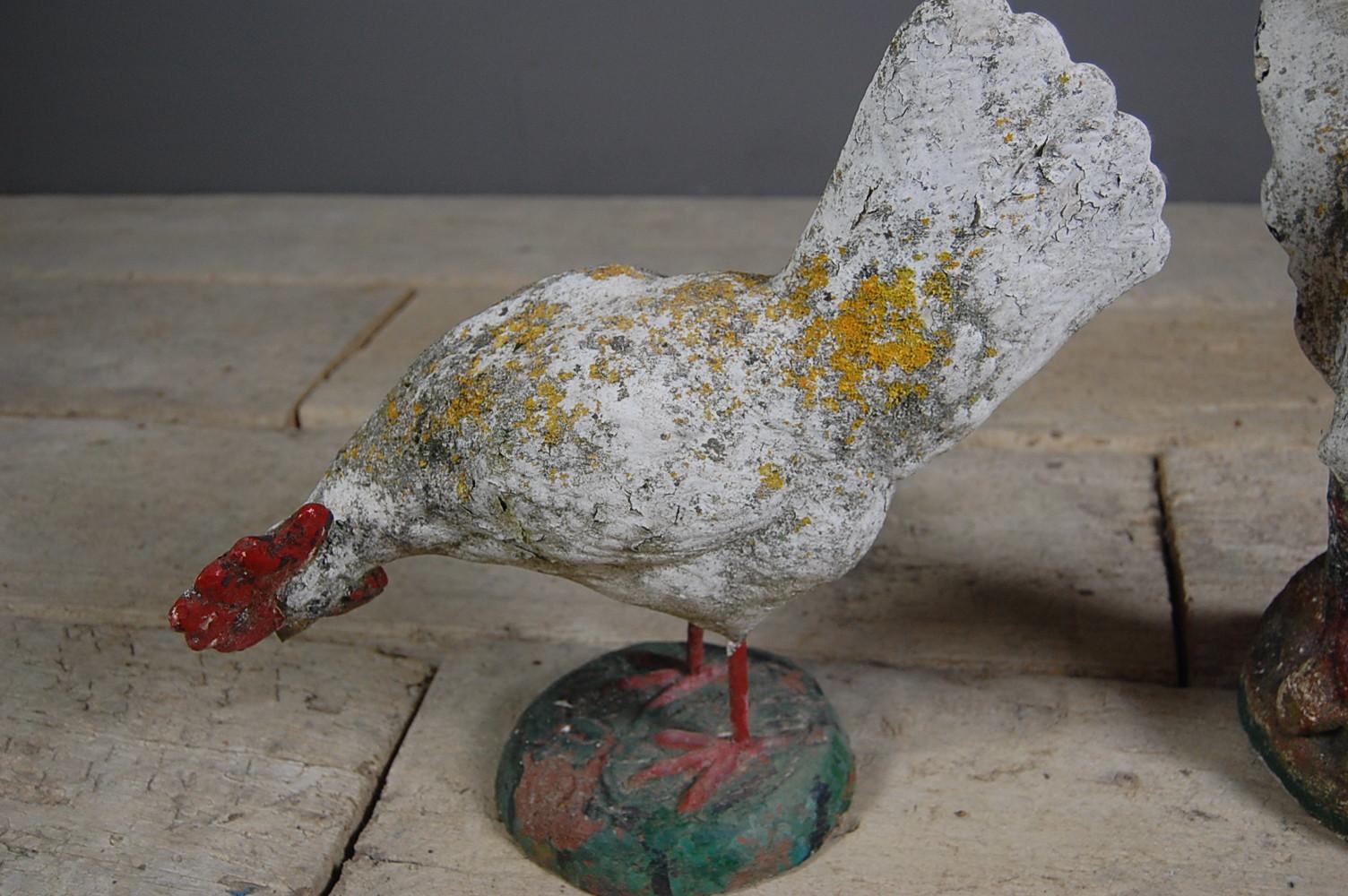 Pair of Early 20th Century Weathered Chicken Garden Statues 3