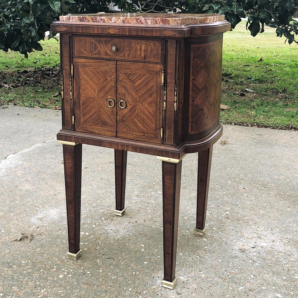 Hand-Crafted Pair Early Art Deco Period Louis XVI Style Rosewood Inlaid Nightstands with Jasp