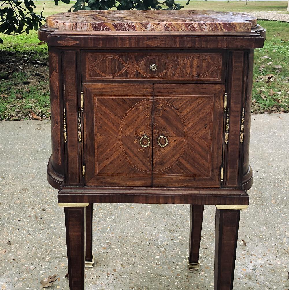 Pair Early Art Deco Period Louis XVI Style Rosewood Inlaid Nightstands with Jasp In Good Condition In Dallas, TX