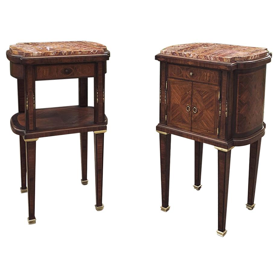 Pair Early Art Deco Period Louis XVI Style Rosewood Inlaid Nightstands with Jasp
