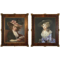 Pair of Early Continental Pastel Portraits in Period Frames Under Glass
