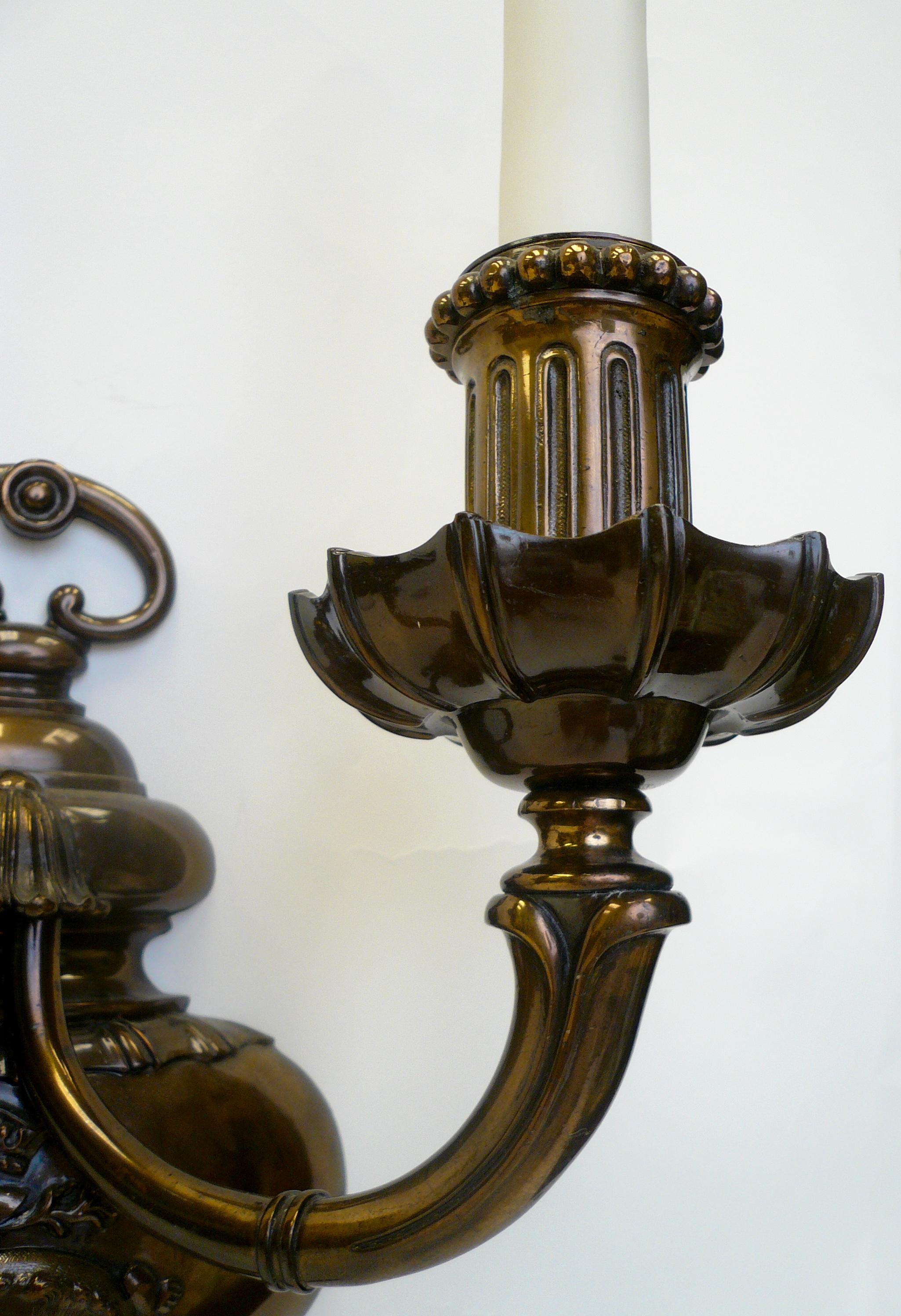 18th Century Pair of Early Georgian Style Bronze Sconces by E.F. Caldwell For Sale