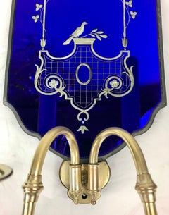 Pair Early Georgian Style Cobalt Blue Mirrored Sconces with Wheel Cut Decoration
