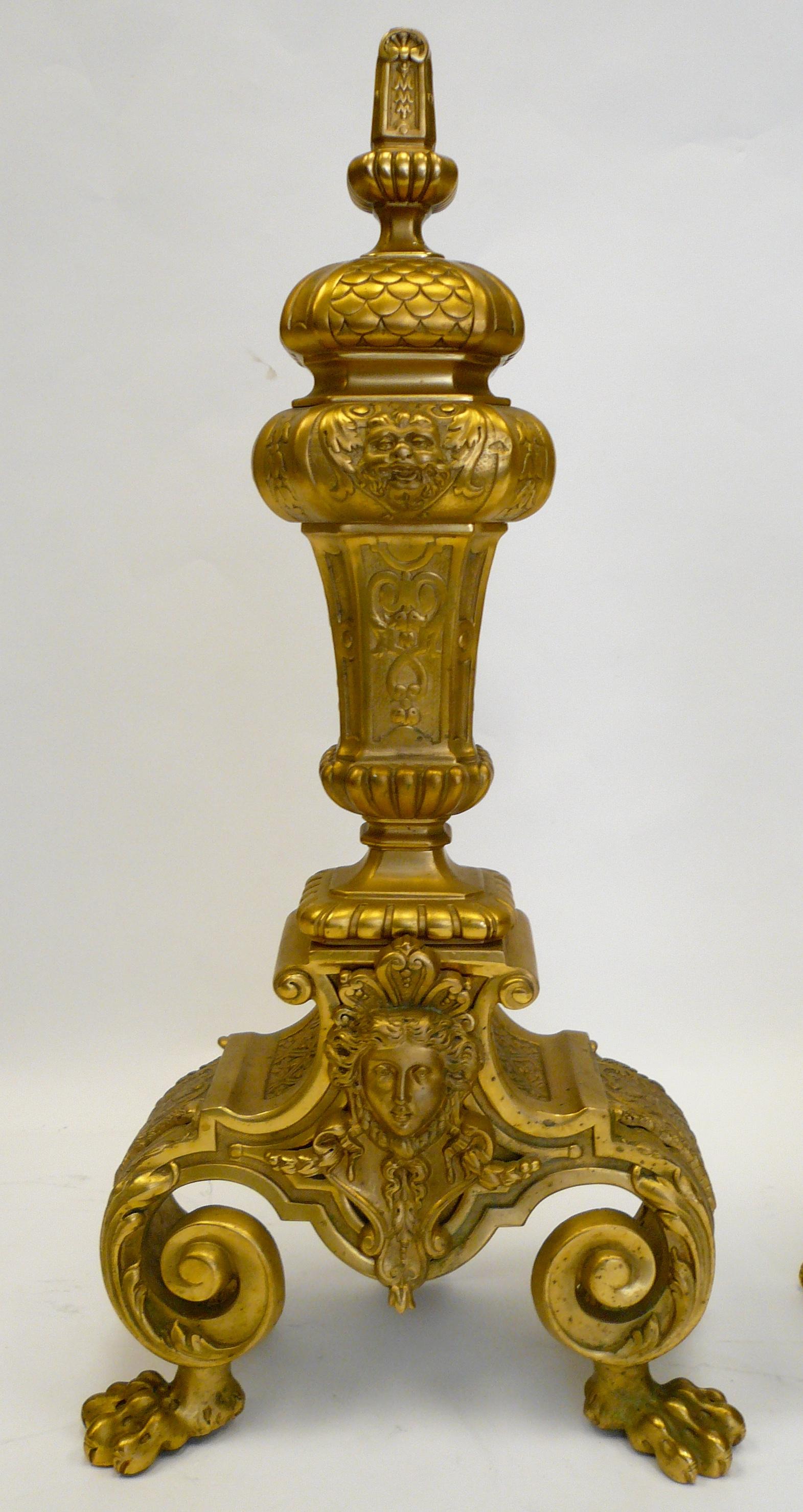 Baroque Pair of Early Georgian Style Gilt Bronze Andirons