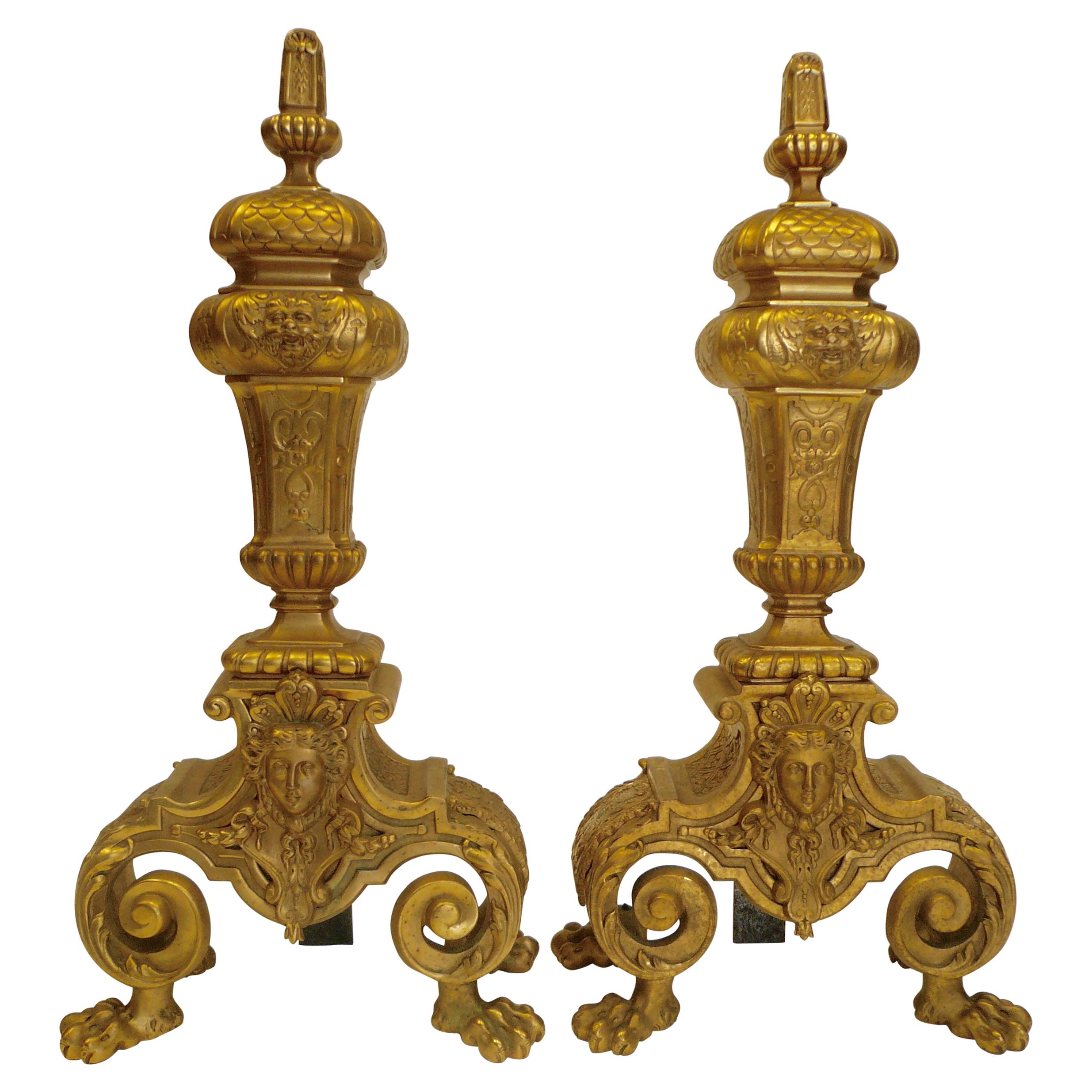 Pair of Early Georgian Style Gilt Bronze Andirons