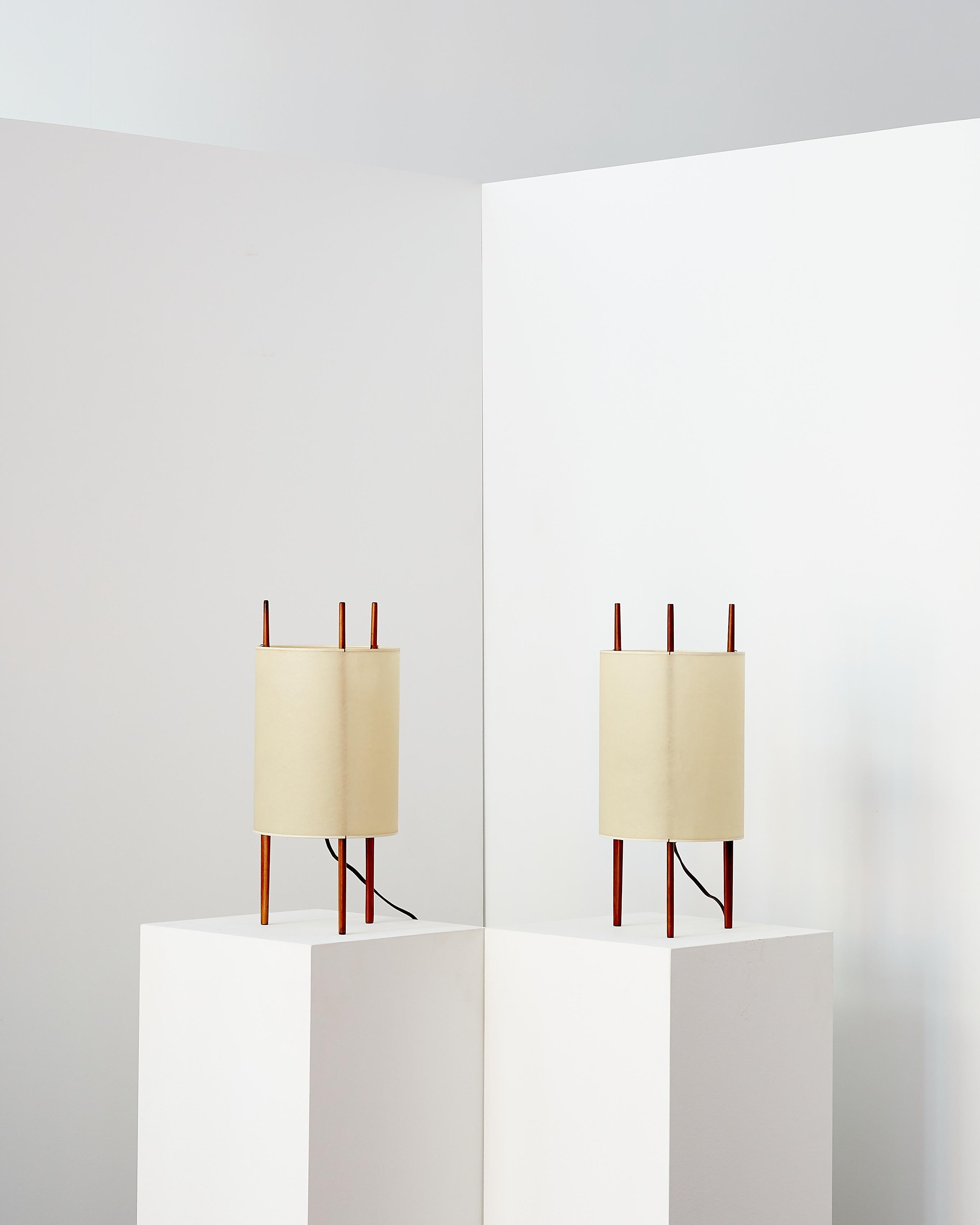 Pair of Early Isamu Noguchi for Knoll Associates Table Lamps circa 1947

Model no. 9.

Noguchi initially created a cylindrical polyvinyl shade wound around three upright mahogany posts as a gift for his sister, Ailes, in the mid-1940s. This