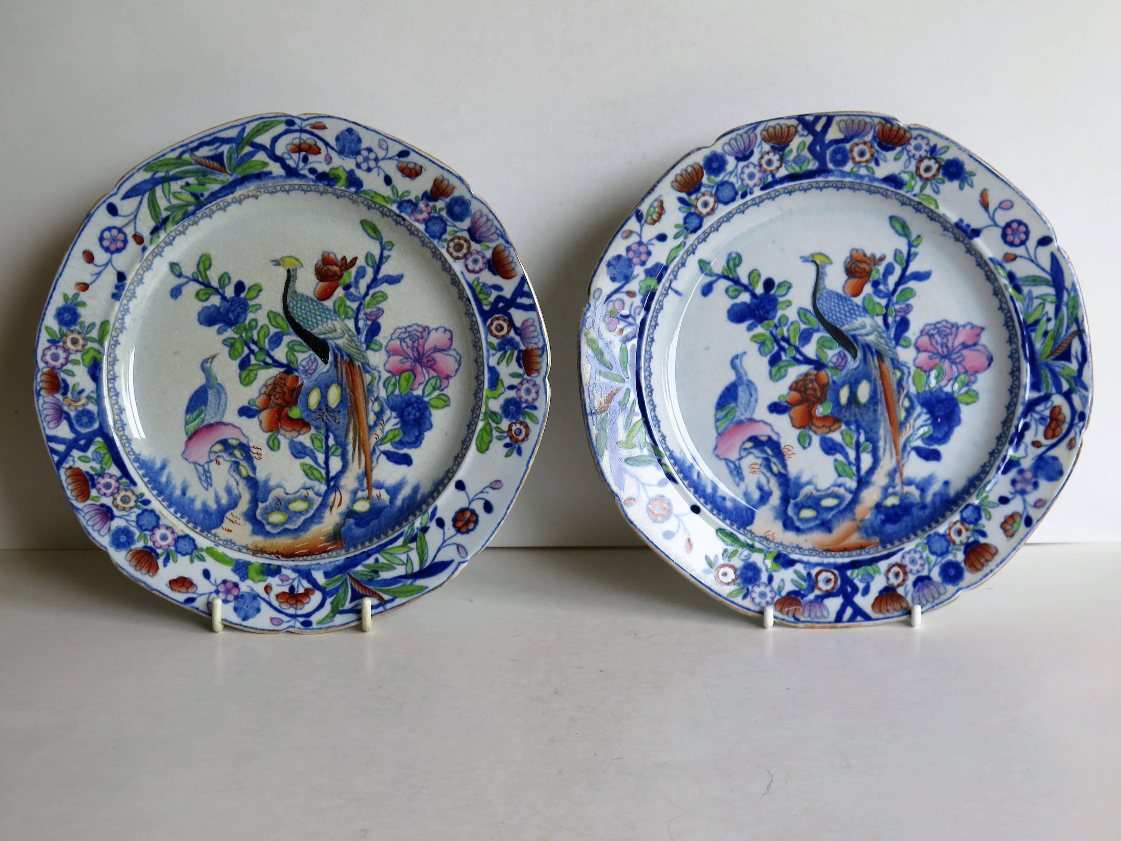 These are a very decorative pair of side plates by Mason's Ironstone, Lane Delph, England in the oriental pheasant pattern, dating to the early period of Mason's ironstone, circa 1815.

Each plate is circular in shape with a notched rim and is