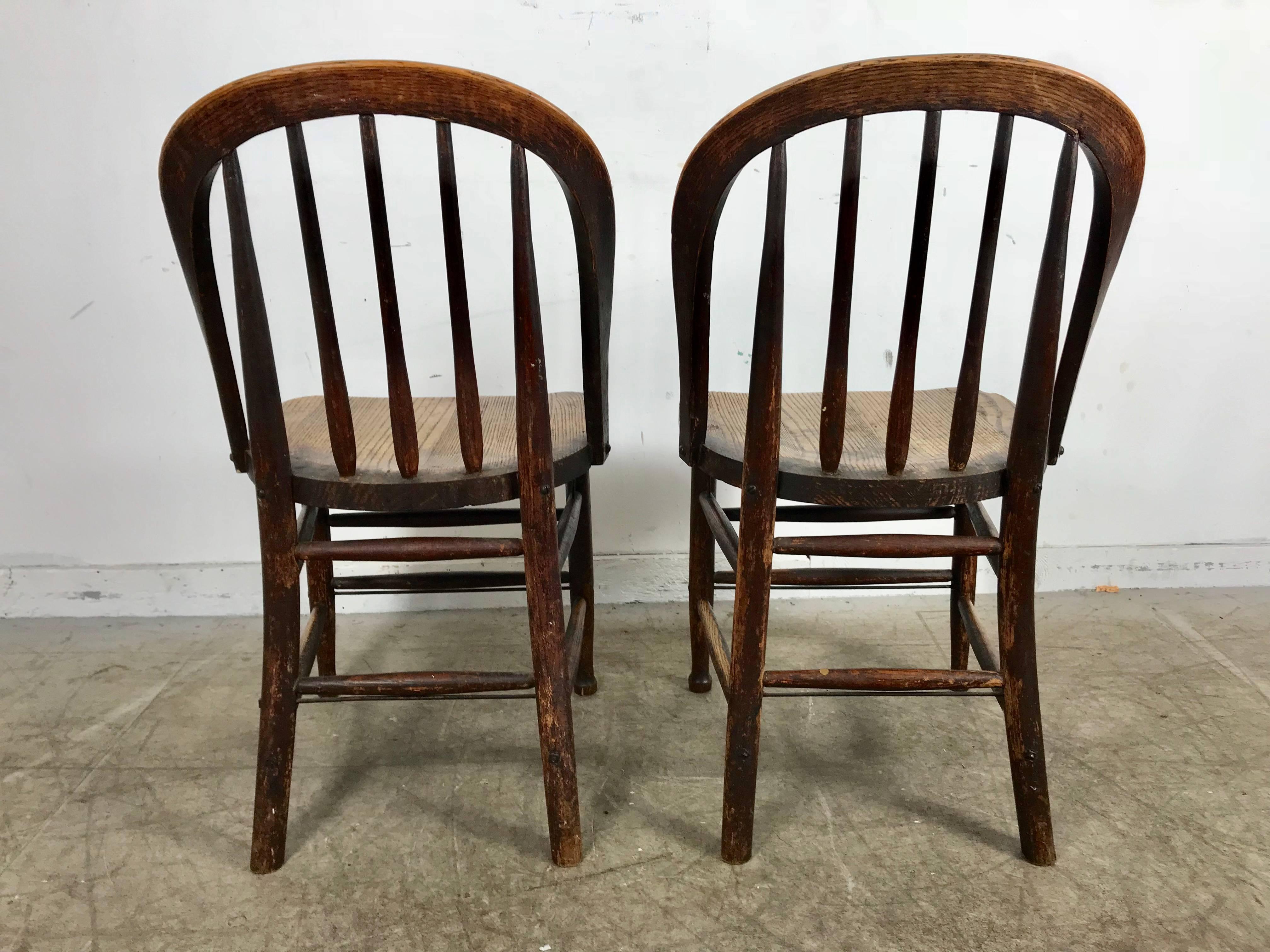 American Pair of Early Oak Antique Industrial Side Chairs by Heywood Wakefield