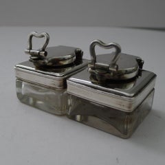 Pair Early Victorian Glass and Silver Plate Travel inkwells c.1840