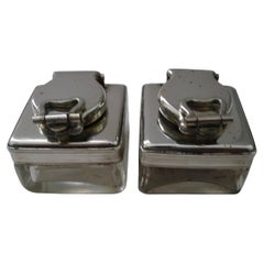 Pair Early Victorian Glass and Silver Plate Travel inkwells c.1840