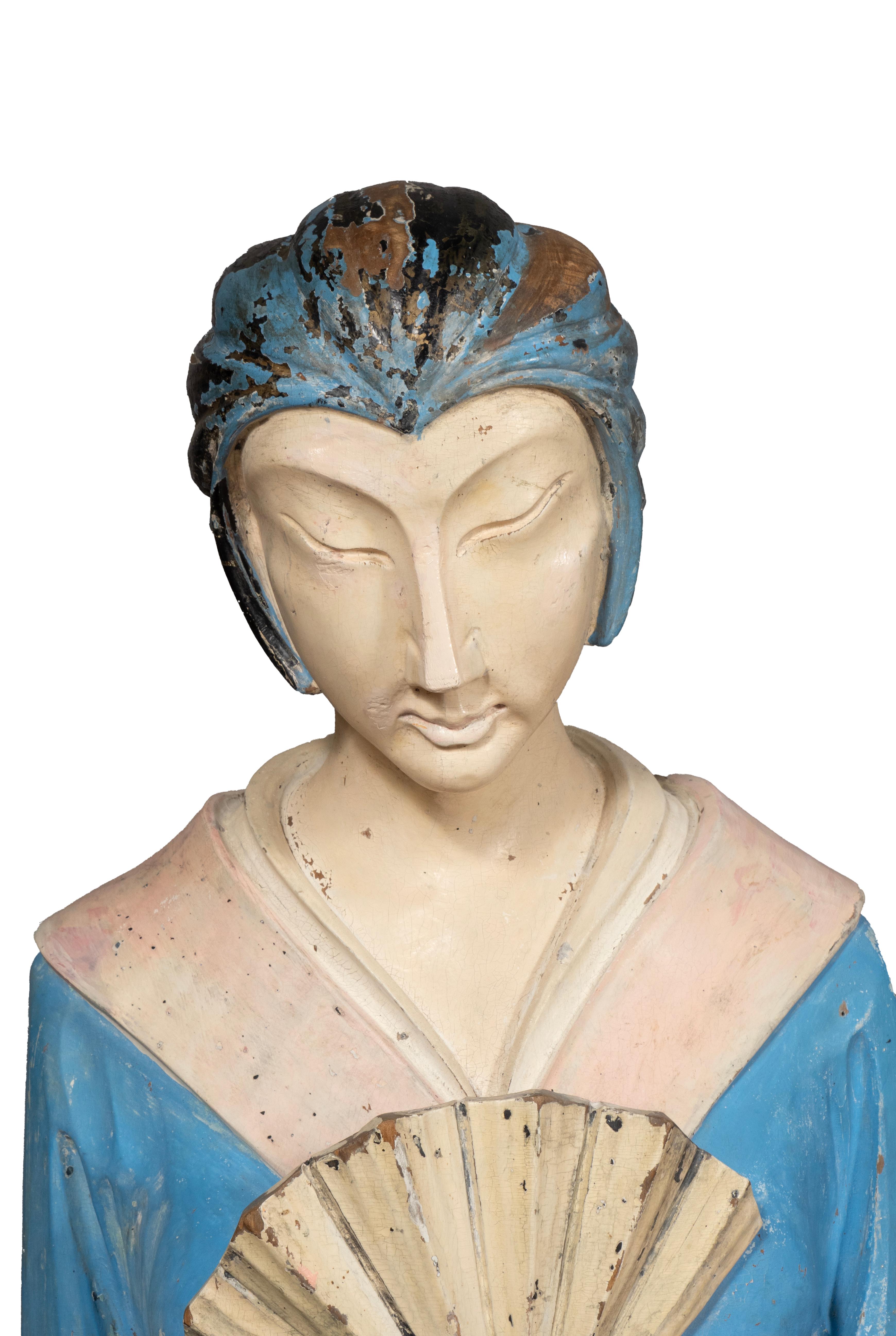 Hand-Painted Pair East Asian Standing Figures Of Woman Possibly Geisha For Sale