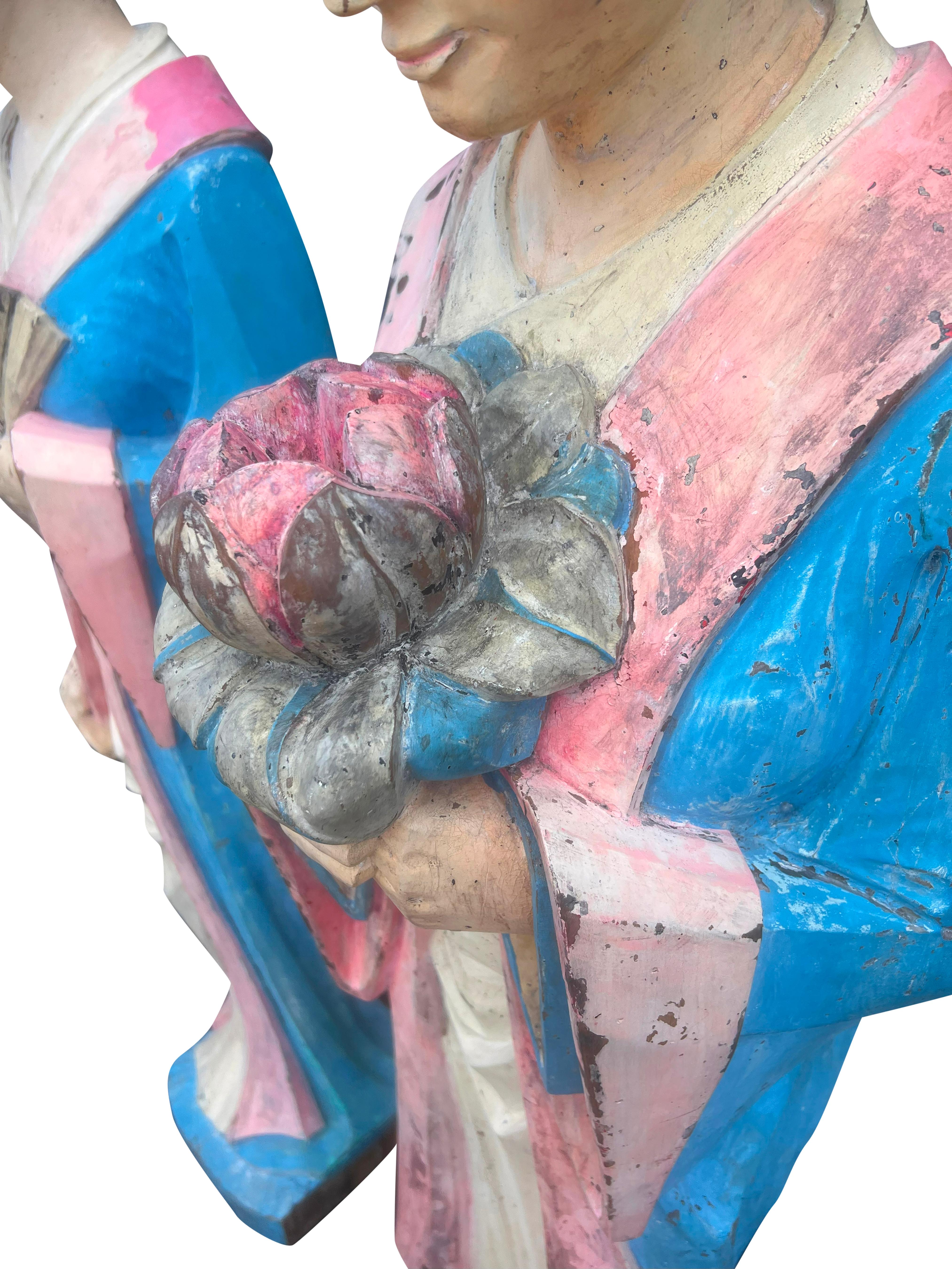 Pair East Asian Standing Figures Of Woman Possibly Geisha In Good Condition For Sale In Essex, MA