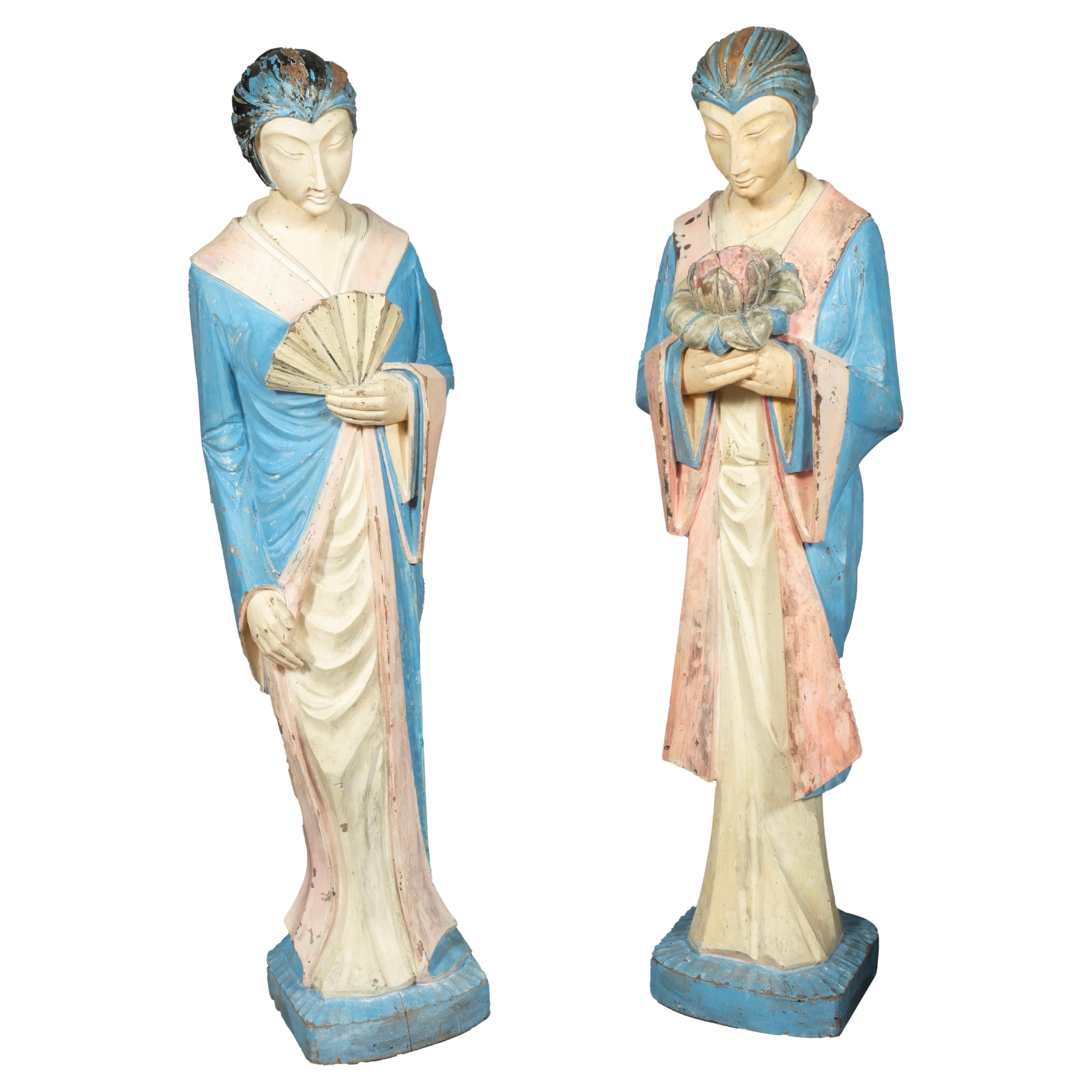 Pair East Asian Standing Figures Of Woman Possibly Geisha For Sale