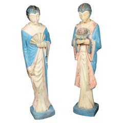 Pair East Asian Standing Figures Of Woman Possibly Geisha