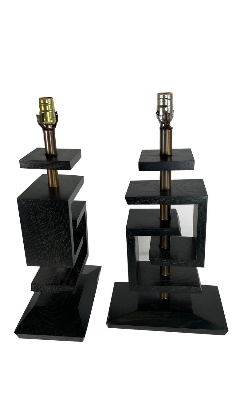 Pair Ebonised Wood and Brass Table Lamps, James Mont	 In Good Condition In Hollywood, FL