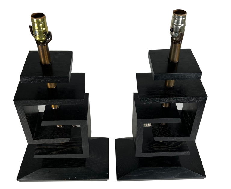 Mid-20th Century Pair Ebonised Wood and Brass Table Lamps, James Mont	