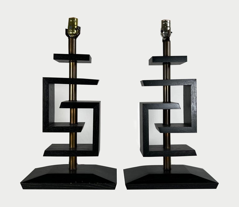 Pair Ebonised Wood and Brass Table Lamps, James Mont	 2