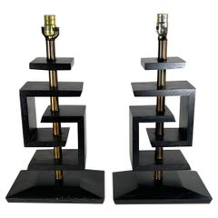 Pair Ebonised Wood and Brass Table Lamps, James Mont	