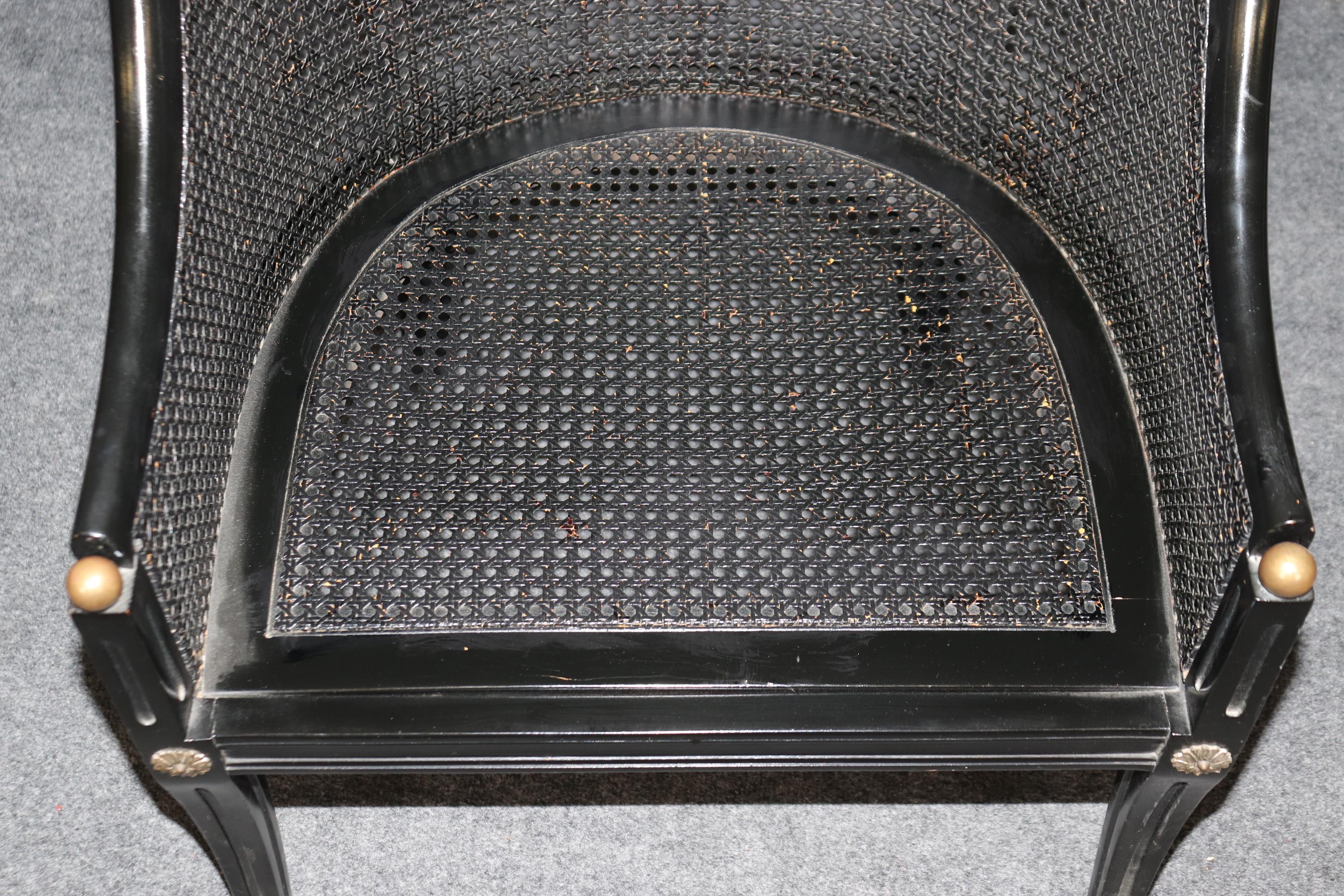Pair Ebonized Black Cane Back French Directoire Bergere Chairs Brass Accents For Sale 8