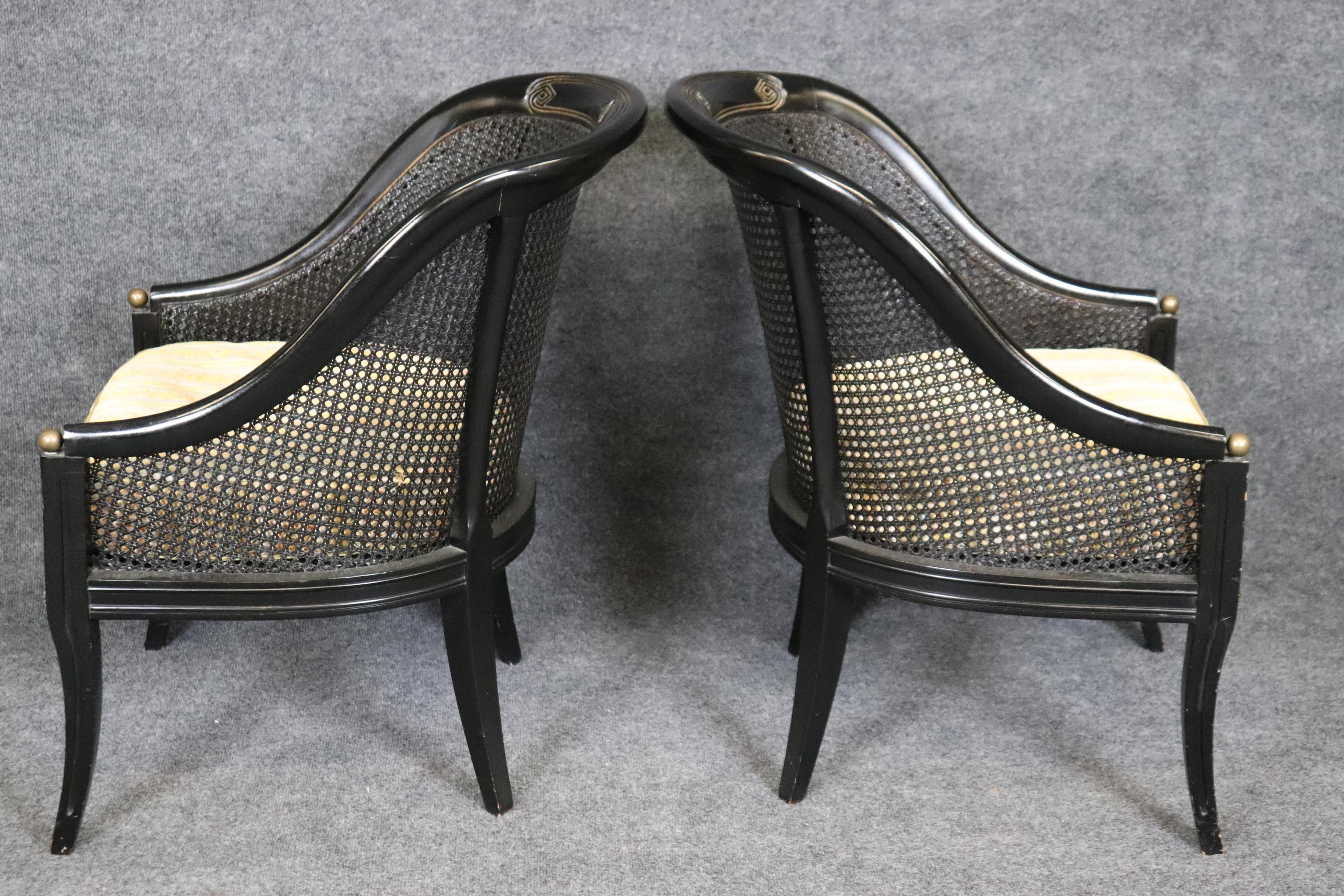 Pair Ebonized Black Cane Back French Directoire Bergere Chairs Brass Accents In Good Condition For Sale In Swedesboro, NJ