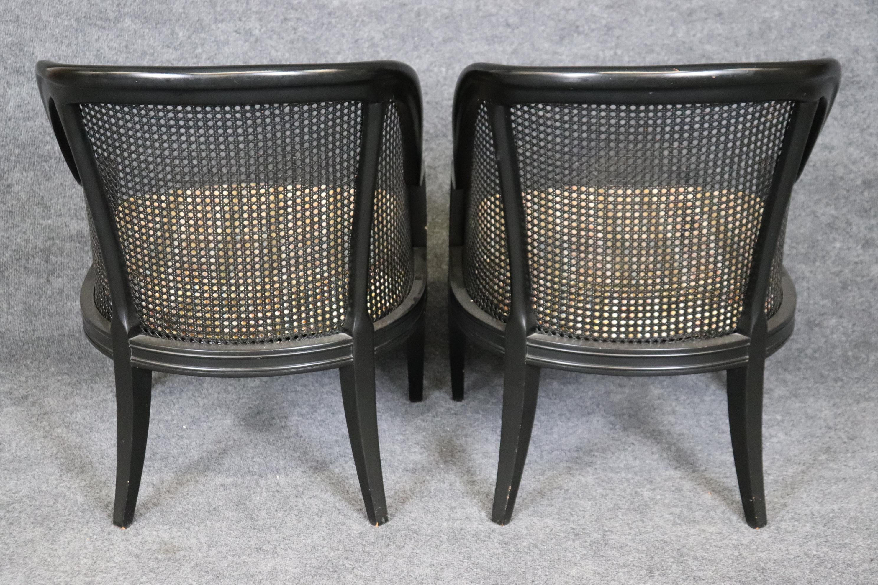 Mid-20th Century Pair Ebonized Black Cane Back French Directoire Bergere Chairs Brass Accents For Sale