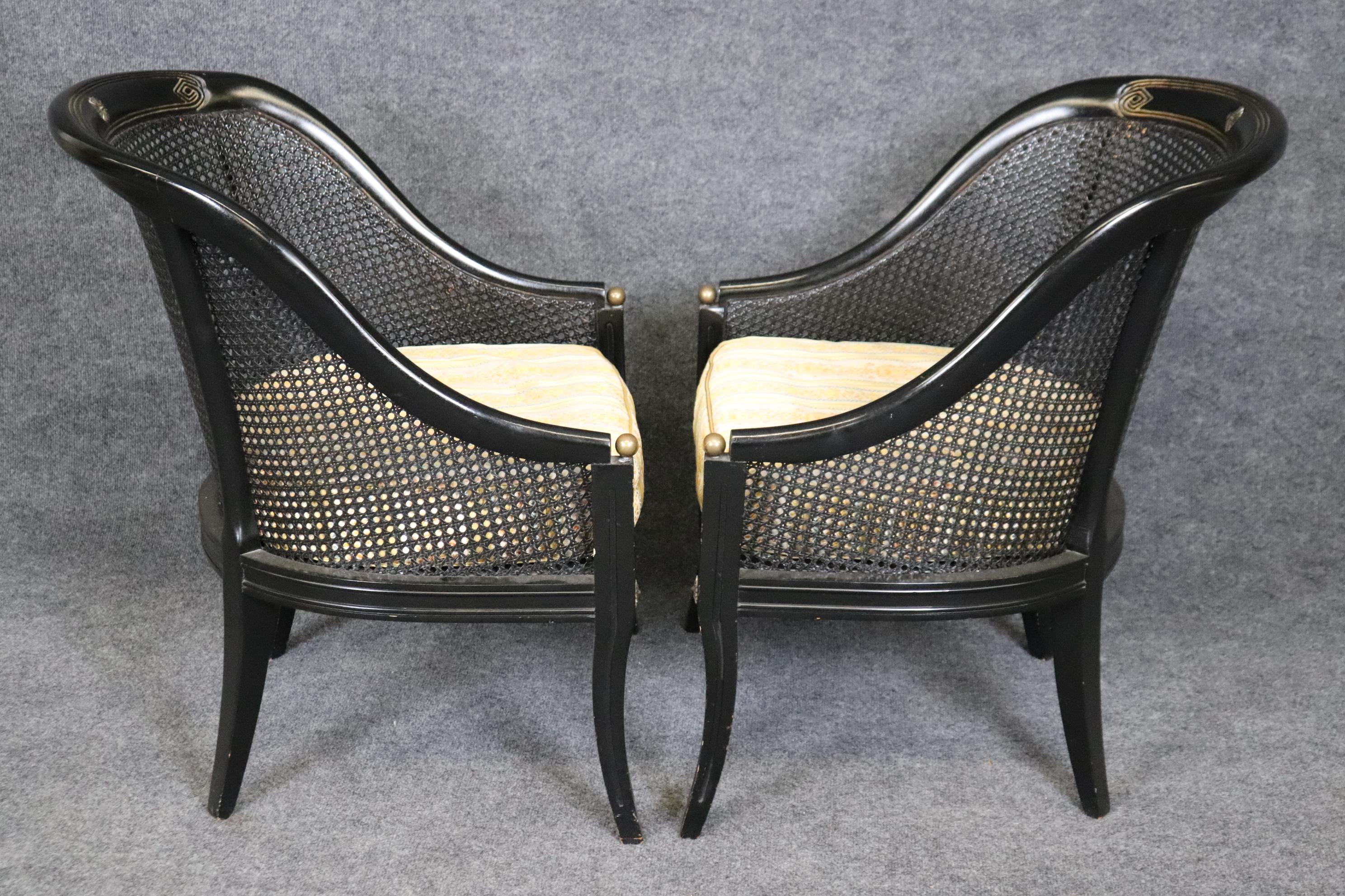 Pair Ebonized Black Cane Back French Directoire Bergere Chairs Brass Accents For Sale 1